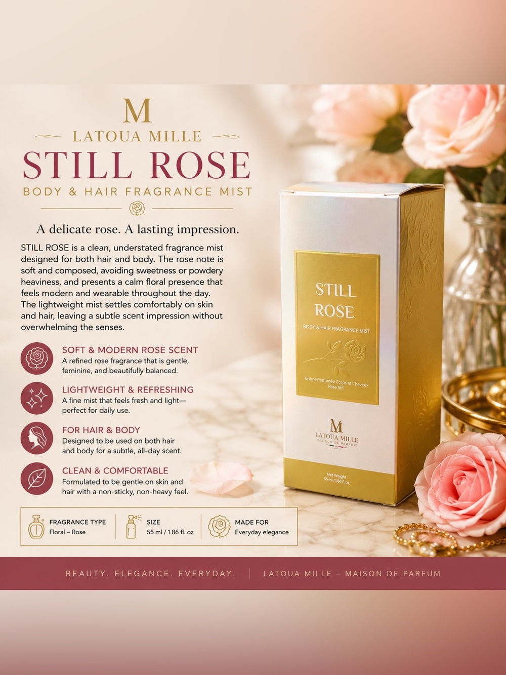 Latoua Mille Still Rose Body & Hair Fragrance Mist 55 ml / 1.86 fl oz – Soft Flo